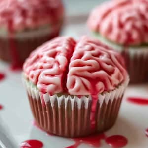 May include: A close-up of a cupcake decorated to resemble a brain. The pink frosting is shaped like brain hemispheres, with red syrup dripping down the sides. The cupcake sits in a brown paper liner.