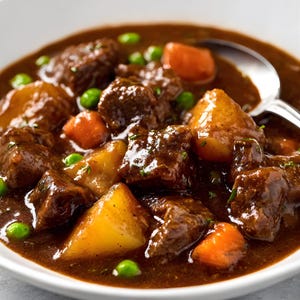 May include: A close-up of a beef stew in a white bowl. The stew contains chunks of beef, golden potatoes, orange carrots, and green peas, in a rich, dark gravy. A silver spoon rests in the stew. A classic, comforting meal.