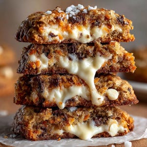 May include: A stack of four carrot cake cookies, cut in half to reveal a creamy white filling. The cookies are speckled with chocolate chips and topped with coarse white crystals. The filling is oozing out.
