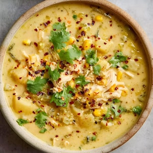May include: A close-up of a creamy yellow soup in a beige bowl. The soup contains potato chunks, sweetcorn kernels, and shredded chicken, garnished with fresh coriander and red pepper flakes. The soup looks thick and hearty, perfect for a meal.