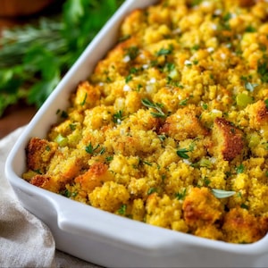 Puede incluir: Primer plano de un relleno de pan de maíz horneado en una fuente rectangular blanca. El relleno es de color marrón dorado con hierbas y especias visibles. Se ven hierbas verdes frescas en el fondo, lo que sugiere una comida casera.