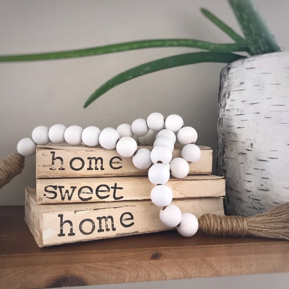 Wooden Bead Garland With Tassel, Farmhouse Beads For Coffee Table