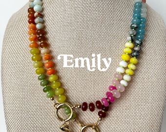 Rainbow Gemstone Beaded Necklace: Candy Necklace Colorful gold filled Jade Opal Quartz