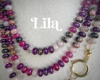 Beaded Gemstone Necklace: 18k Gold Plated Clasp, Charm, Adventurine, Jade, Morganite, Amethyst, Chalcedony