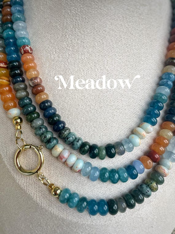 Beaded Gemstone Necklace: 18k Gold Plated Clasp, Charm, Jade, Opal, Quartz Beads