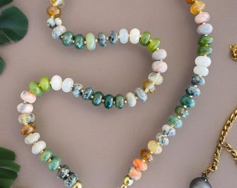 Earthy Gemstone Necklace: Jade, Agate, Quartz - 18k Gold Clasp