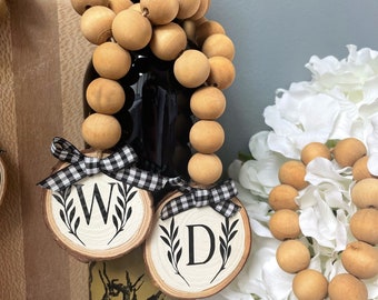 Monogram Wood Slice Ornaments - letter - last Name - hostess gift modern farmhouse - black and white