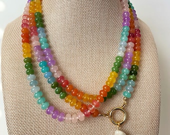 Rainbow Jade Necklace - Gold Filled Reversible Beaded Strand