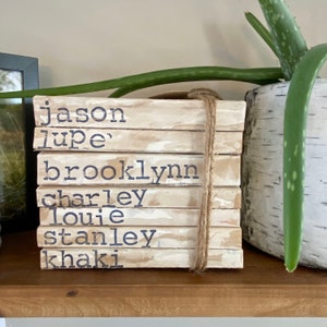 May include: A stack of books with names written on the spines, including "jason", "lupe", "brooklynn", "charley", "louie", "stanley", and "khaki". The books are tied together with twine.