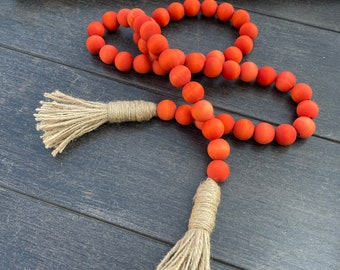 Pumpkin Spice - Wood Bead Garland - Fall - Burnt Orange - Farmhouse Beads - Strand - Tassles - Rustic - tiered tray