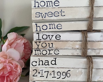 Stamped Book Set - Stacked Antiqued Vintage Inspired Books - Farmhouse Books