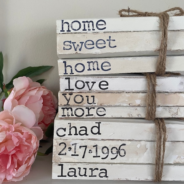 Stamped Book Set - Stacked Antiqued Vintage Inspired Books - Farmhouse Books