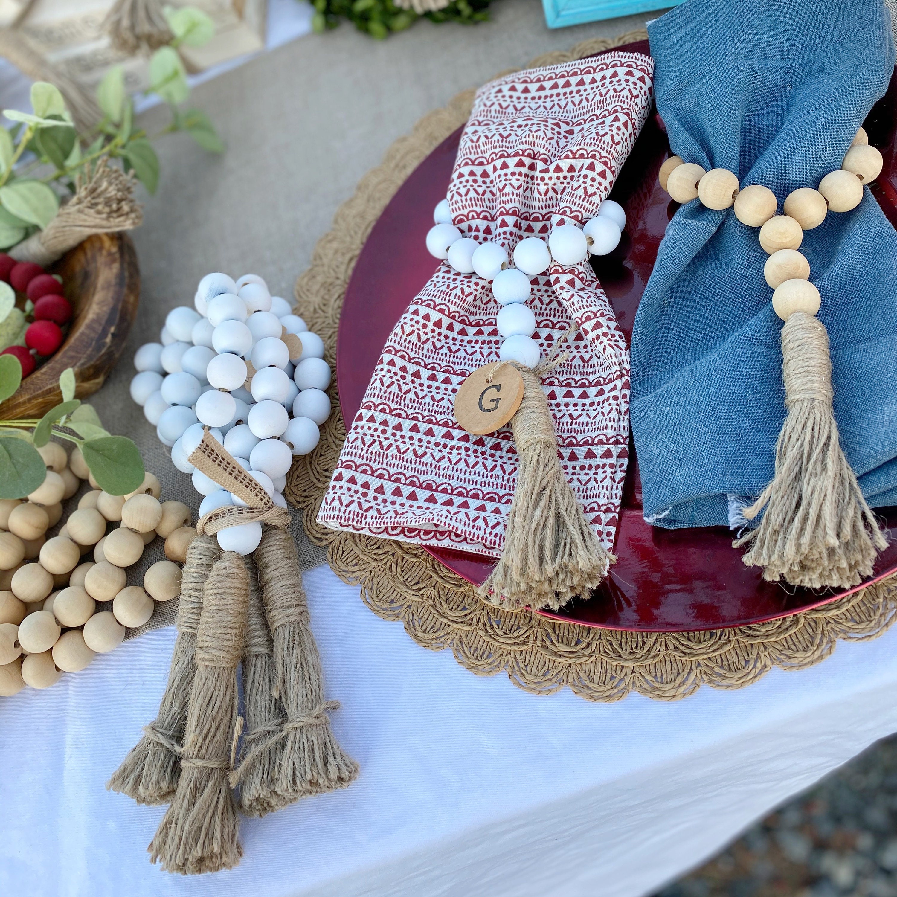 Wood Bead Garland Napkin Rings Table Settings Holiday Etsy