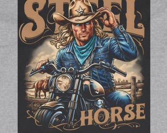 Midnight Rider Tee Steel Horse T-Shirt, Retro Biker Long Sleeve for Him Her Gift, All Season Wear with Modern Cowboy theme.