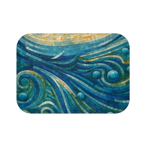 Waves Bathmat, Coastal Bathroom Decor, Sea Theme Rug, Colorful Shower Mat, Nautical Absorbent Mat
