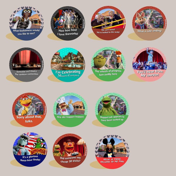 Muppets Buttons (pin-back): Buttons in a Disney style themed around Muppets Courtyard and Muppet Vision 3D