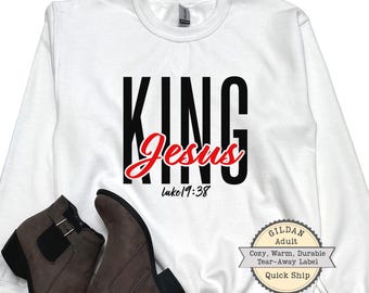 Christian Sweatshirt – KING Jesus | Gildan Black Crewneck | Heavy Blend White Pullover | Bible Sweater