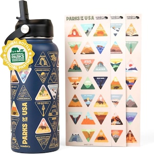 May include: A navy blue water bottle with a black lid and a collection of triangular stickers. The bottle is adorned with illustrations of national parks and the text "PARKS OF THE USA." The stickers feature various park landscapes.