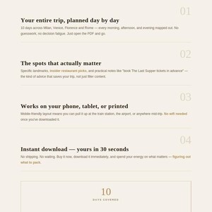 Pode incluir: Um guia de viagem digital em PDF para a It&aacute;lia intitulado Wanderitalia. O documento apresenta o texto Stop planning. Start packing. e descreve quatro benef&iacute;cios para uma viagem de 10 dias por Mil&atilde;o, Veneza, Floren&ccedil;a e Roma, com 30+ locais.