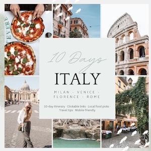 Pode incluir: Uma colagem digital de guia de viagem com monumentos e comida italiana. O texto diz: 10 Days ITALY, MILAN - VENICE - FLORENCE - ROME, 10-day itinerary, Clickable links, Local food picks, Travel tips, Mobile-friendly. Inclui pizza, o Coliseu e ruas da cidade.