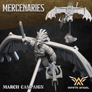 May include: A detailed, white 3D-printed miniature of a bird-headed warrior with feathered wings, holding a sword and crossbow. The image includes the text "MERCENARIES" and "MARCH CAMPAIGN". The White Angel logo is also visible.