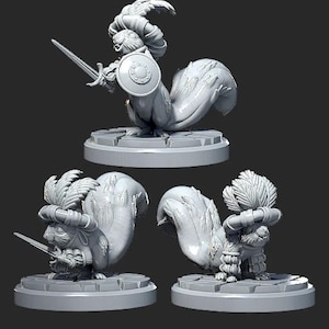 May include: A set of three gray miniature figurines of a squirrel warrior. The squirrel is depicted with a sword, shield, and feathered hat, standing on a circular base. The figurines are detailed and stylized.