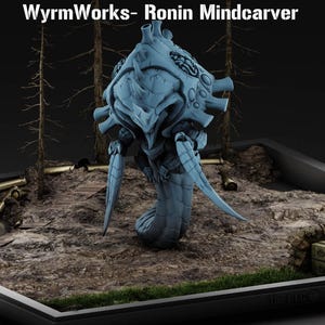 May include: A light blue, detailed sculpture of a creature with a complex, insect-like design, standing on a diorama. The diorama includes a small pond, trees, and miniature crates. The text "WyrmWorks- Ronin Mindcarver" is at the top.