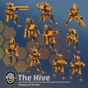May include: A collection of yellow and black Vanguard Droids in various action poses. Each droid is armed with a weapon and has a unique design. The image includes the text "The Hive" and "Vanguard Droids" with a bee logo.