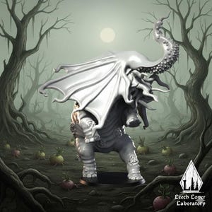 May include: A gray, fantasy creature with large wings and a tentacled head stands in a misty forest. The creature has a bulky body and is surrounded by trees and small, round plants. The image has a surreal, otherworldly feel.