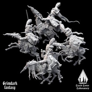 May include: A collection of gray miniature figures depicting mounted soldiers in ornate uniforms, with flags and weapons. The figures are arranged in a circular pattern against a black background. The text "Grimdark fantasy" and "Leech Lover Laboratory" are visible.