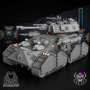 May include: A gray, detailed model of a military tank with multiple turrets, cannons, and tracks. The tank has a complex design with various components and is set against a dark background. The text "pre-supported" is visible.