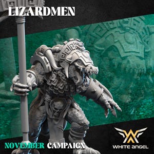 May include: A detailed, gray Lizardmen miniature figure, holding a staff, with a skull emblem on its armor. The image includes the text "LIZARDMEN" and "NOVEMBER CAMPAIGN". The White Angel logo is also visible.
