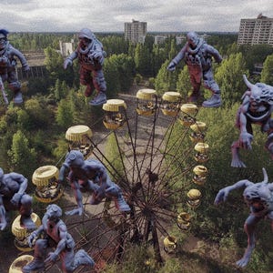 May include: A collection of grey painted figurines, including a group of human-like figures and a couple of monstrous figures. The figures are arranged around a rusty, weathered Ferris wheel with yellow accents. The figures are posed in various action poses, suggesting a scene of conflict or adventure.