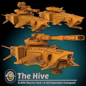 May include: Three orange-yellow futuristic tanks and transport models. The models have detailed designs, including turrets, cannons, and wing-like structures. The text "The Hive" and model names are visible.