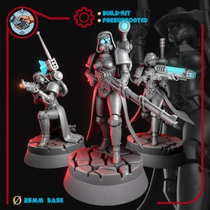 May include: Three gray miniature figurines of futuristic female soldiers, each holding a weapon. The figures are on round bases, with the text "25mm BASE" at the bottom. The image also includes the text "BUILD-KIT" and "PRESUPPORTED".