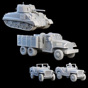 US Army WWII American Vehicles - Sherman Medium Tank, Jeep, Deuce-and-a-Half Truck - 15mm or 28mm Scale for Flames of War, Bolt Action