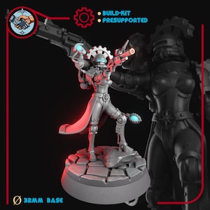 May include: A gray miniature figure of a female warrior, holding a futuristic weapon, with a red cape and gear-like accents. The figure is on a 32mm base. The image also includes the text "BUILD-KIT" and "PRESUPPORTED".