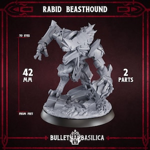 May include: A gray Rabid Beasthound miniature figure, 42 mm tall, with sharp teeth and armored sections. The figure is on a black base and is composed of 2 parts. The text "RABID BEASTHOUND" and "BULLET BASILICA" are visible.