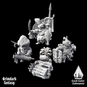 May include: Four miniature fantasy figures in a grayscale palette. One figure holds a sword and spear, another a cannon, and two others hold shields. The figures are from the "Grimdark fantasy" collection, with the "Leech Lover Laboratory" logo.