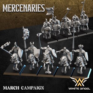 May include: A set of grey miniature figures depicting mounted knights in armor, some holding lances and flags, others with trumpets. The text MERCENARIES MARCH CAMPAIGN and the WHITE ANGEL logo are visible. These figures are on black rectangular bases.