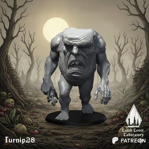 May include: A gray, grotesque monster figurine with a large head and angry expression, standing on a black base. The background features a forest scene with bare trees, a full moon, and the text "Turnip28" and "Leech Lover Laboratory PATREON".