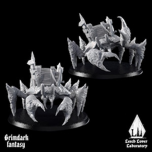 May include: Two gray fantasy miniatures of a crab-like creature with a wooden cart on its back. The creatures have sharp claws and spiky protrusions. The miniatures are on black circular bases. The text "Grimdark fantasy" and "Leech Lover Laboratory" are visible.