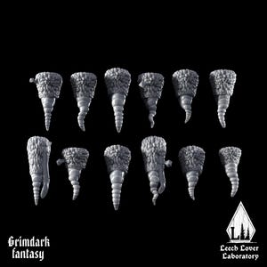 May include: A collection of gray, textured, horn-like fantasy miniatures. Each has a bulbous top and a spiraling, tapered base. The image includes the text "Grimdark fantasy" and "Leech Lover Laboratory".