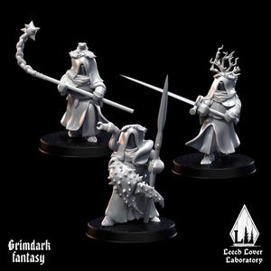 May include: Three gray fantasy miniatures on black bases. Each figure is hooded and robed, holding weapons like a staff, spear, and sword. The text "Grimdark fantasy" and "Leech Lover Laboratory" are visible.