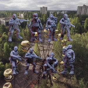 May include: A group of gray painted miniature figures of people wearing gas masks and holding weapons, standing on a rusty metal Ferris wheel. The figures are posed in action stances, suggesting a scene of combat or survival.