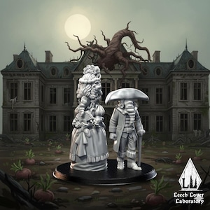 May include: Two gray fantasy figurines, a woman in a period dress and a man with an umbrella-shaped head, stand on a black base. The background features a spooky mansion, a full moon, and a large tree. The logo "Leech Lover Laboratory" is in the lower right.