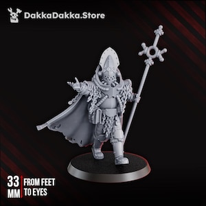 May include: A gray miniature figure of a character from a science fiction game, standing on a black base. The figure is wearing a helmet, armor, and a cape, and is holding a staff. The text "33 MM FROM FEET TO EYES" is visible.