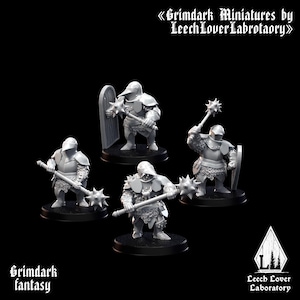 May include: Four miniature fantasy figures in armor, each holding a spiked mace. One figure holds a shield. The figures are on black bases. Text at the top reads "Grimdark Miniatures by Leech Lover Labrotaory". The bottom text reads "Grimdark fantasy" and "Leech Lover Laboratory".
