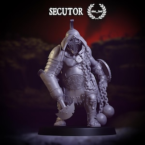 May include: A gray gladiator figurine with a helmet, armor, and a chain flail. The figurine has a shield, a battle axe, and a skull design on the knee armor. The word "SECUTOR" is at the top of the image.