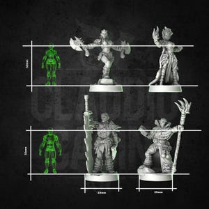 May include: A collection of detailed miniature fantasy figures, each approximately 32mm tall and 25mm wide at the base. The figures include warriors and spellcasters, with weapons and dynamic poses, set against a dark background.